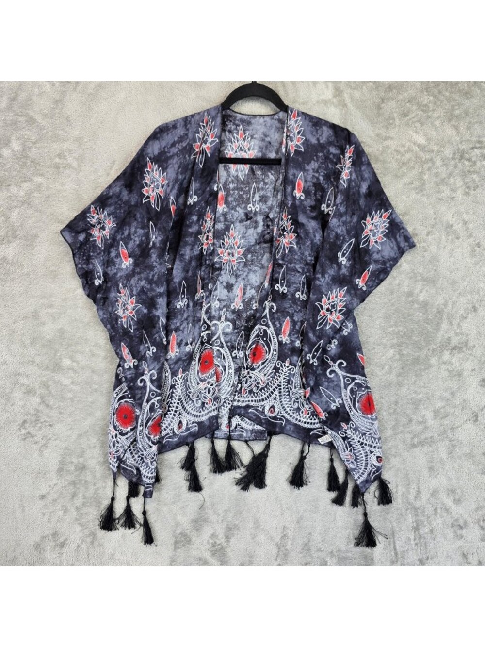Italy Design Blouse Womens One Size Black V Neck Short Kimono Sleeve Tassel Boho